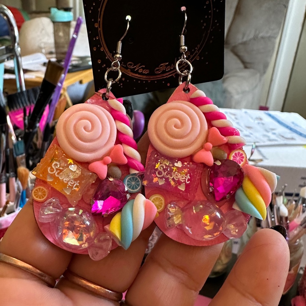 Kawaii Sweet Pink 🍬 Candy Maximalist Earrings on wood